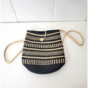 Woven Abacá Black & Beige Backpack Bag With Braided Strap